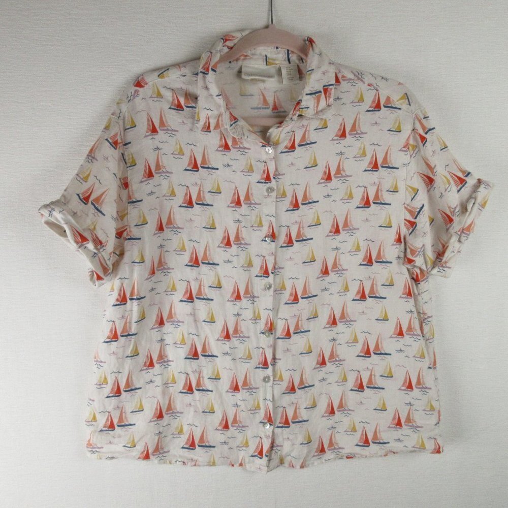 Cynthia Rowley Linen Sail Boat Button Down Top Size Cream Red Blue Short Sleeve